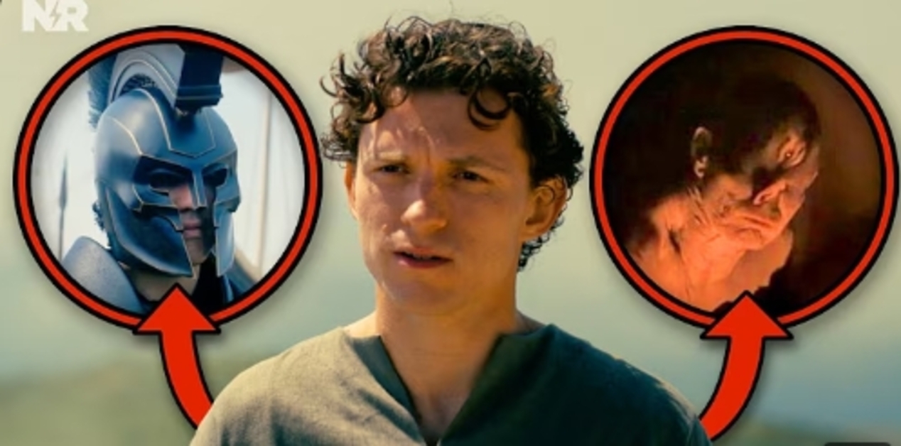 Στιγμιότυπο από την ανάλυση του trailer της ταινίας 'The Odyssey' (2026). Στο κέντρο εμφανίζεται ο Tom Holland ως Τηλέμαχος, ενώ σε κύκλους αριστερά και δεξιά απεικονίζονται ο Αγαμέμνων με μαύρη πανοπλία και ο Κύκλωπας Πολύφημος αντίστοιχα.