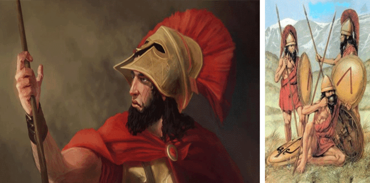 Σπαρτιάτης οπλίτης με κόκκινο μανδύα και χάλκινο κράνος στις Θερμοπύλες, δίπλα σε άλλους πολεμιστές με ασπίδες και δόρατα.