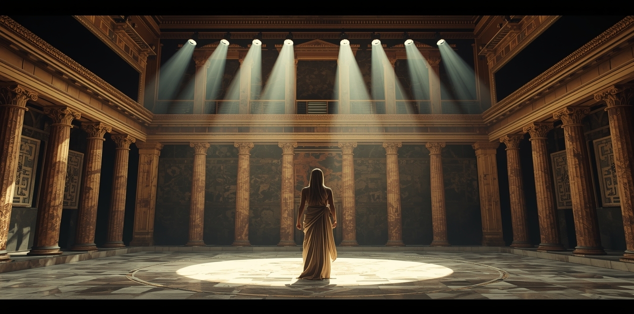 Μια μοναχική φιγούρα με αρχαιοελληνικό χιτώνα στέκεται κάτω από προβολείς σε μια μεγαλοπρεπή αίθουσα με κίονες, αναπαριστώντας τη δίκη του Ορέστη στην Ορέστεια.