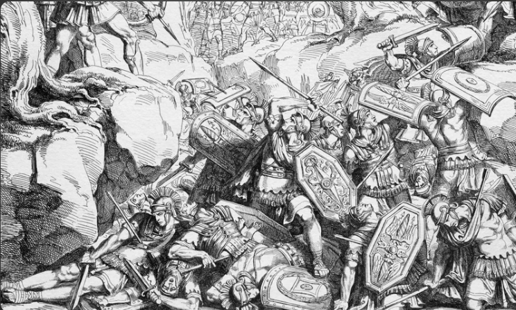 Ασπρόμαυρη γκραβούρα που απεικονίζει Ρωμαίους στρατιώτες σε σφοδρή μάχη μέσα σε ένα βραχώδες πέρασμα, με πεσμένους πολεμιστές στο προσκήνιο και άλλους να αμύνονται με τις ασπίδες τους.