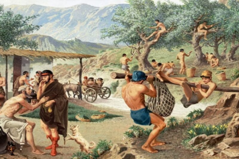 Σκηνή από την καθημερινή ζωή των ειλώτων στη Σπάρτη, με αγροτικές εργασίες, συλλογή καρπών και επιτήρηση από Σπαρτιάτες πολίτες