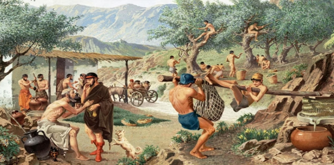 Σκηνή από την καθημερινή ζωή των ειλώτων στη Σπάρτη, με αγροτικές εργασίες, συλλογή καρπών και επιτήρηση από Σπαρτιάτες πολίτες