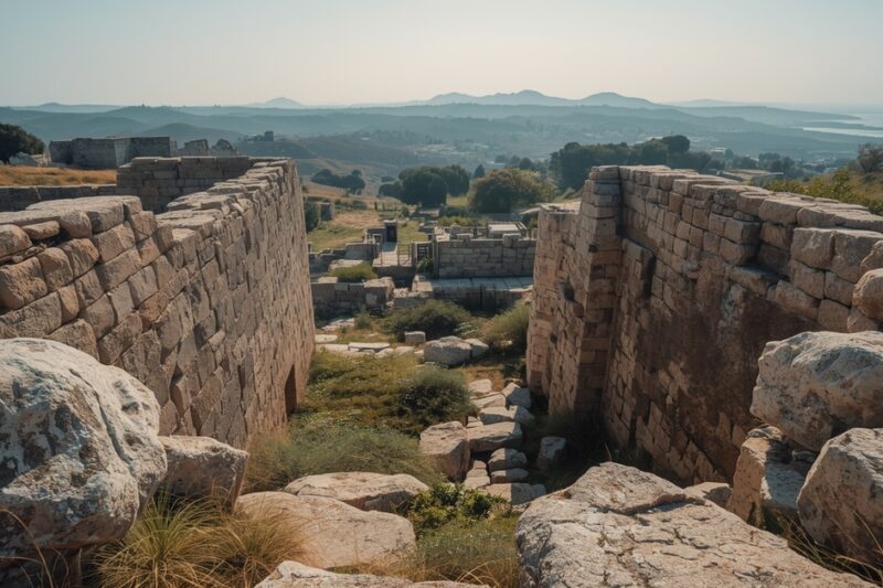 Πανοραμική θέα αρχαίων κυκλώπειων τειχών από ογκώδεις πέτρες που βλέπουν σε μια κοιλάδα και τη θάλασσα στο βάθος.