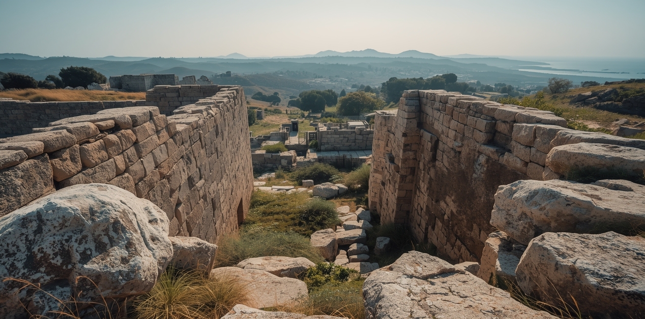 Πανοραμική θέα αρχαίων κυκλώπειων τειχών από ογκώδεις πέτρες που βλέπουν σε μια κοιλάδα και τη θάλασσα στο βάθος.