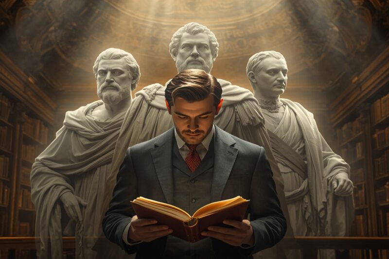 Εντυπωσιακή απεικόνιση της Θεωρίας του Σπουδαίου Ανδρός: Ένας σύγχρονος άνδρας διαβάζει ένα φωτεινό βιβλίο σε μια κλασική βιβλιοθήκη, ενώ πίσω του υψώνονται επιβλητικά μαρμάρινα αγάλματα ιστορικών ηγετών κάτω από θείο φως.