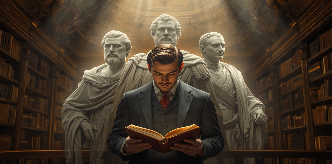 Εντυπωσιακή απεικόνιση της Θεωρίας του Σπουδαίου Ανδρός: Ένας σύγχρονος άνδρας διαβάζει ένα φωτεινό βιβλίο σε μια κλασική βιβλιοθήκη, ενώ πίσω του υψώνονται επιβλητικά μαρμάρινα αγάλματα ιστορικών ηγετών κάτω από θείο φως.