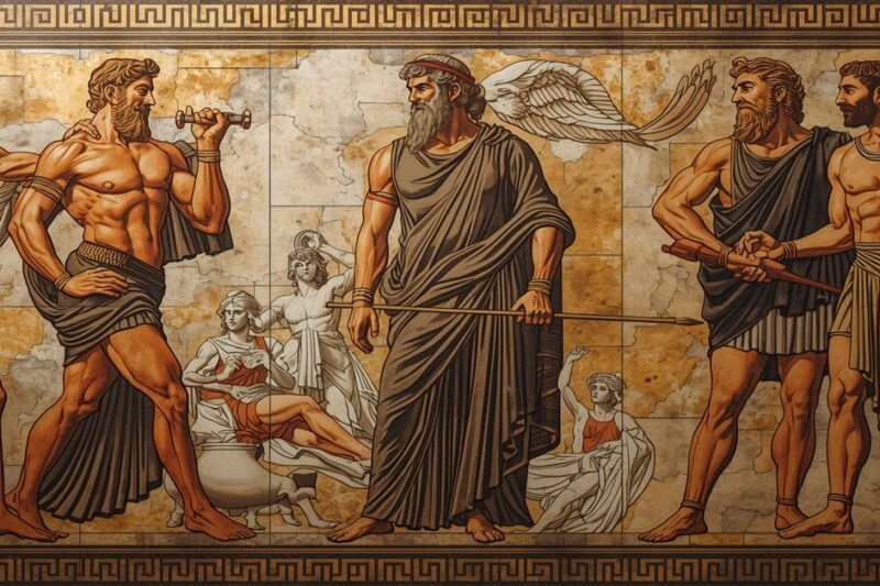 Ψηφιακή απεικόνιση σε στυλ αρχαιοελληνικής τοιχογραφίας, που παρουσιάζει μυώδεις άνδρες με χιτώνες να ασκούνται και να αλληλεπιδρούν, περιτριγυρισμένοι από κλασικά διακοσμητικά μοτίβα.