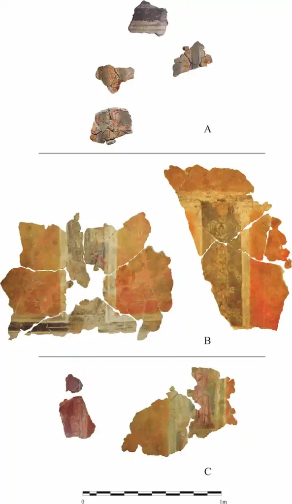 Τρεις ομάδες θραυσμάτων (A, B, C) από τοιχογραφίες της Domus of Salvius, που δείχνουν λεπτομέρειες από φυτική διακόσμηση και αρχιτεκτονικά στοιχεία.