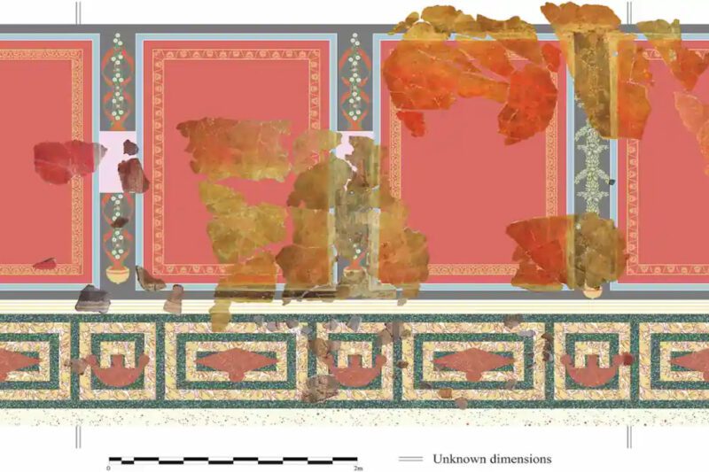Ψηφιακή αναπαράσταση ρωμαϊκής τοιχογραφίας από την Domus of Salvius, με κόκκινα πλαίσια και φυτικά μοτίβα, πάνω στην οποία έχουν τοποθετηθεί τα αυθεντικά θραύσματα που βρέθηκαν.