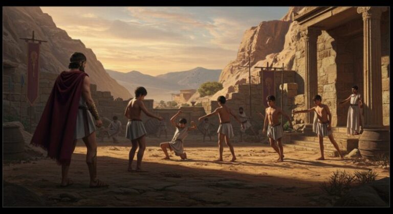 Μια ευρείας γωνίας ψηφιακή ζωγραφική ενός Σπαρτιατικού εκπαιδευτικού στρατοπέδου στο ηλιοβασίλεμα. Ένας μεγάλος εκπαιδευτής με κόκκινη κάπα παρατηρεί μια ομάδα επτάχρονων αγοριών (Agoge) που εκπαιδεύονται σε μια ανοιχτή αυλή. Ένα αγόρι γονατίζει, άλλα sparring.