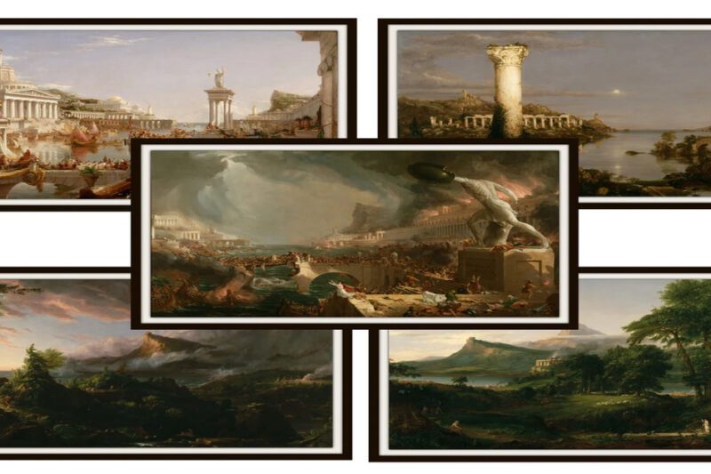 Σύνθεση των πέντε πινάκων της σειράς «Η Πορεία της Αυτοκρατορίας» του Thomas Cole, που δείχνουν την εξέλιξη ενός πολιτισμού από την άγρια φύση στην ακμή και την τελική ερήμωση.