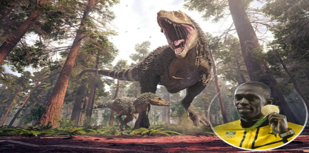 Μια ρεαλιστική απεικόνιση ενός Τυραννόσαυρου Ρεξ που βρυχάται σε ένα πυκνό δάσος με σεκόγιες, με ένα μικρότερο δεινόσαυρο δίπλα του. Στο προσκήνιο, ένα ένθετο κυκλικό πορτρέτο του Γιουσέιν Μπολτ που κρατάει ένα χρυσό μετάλλιο.