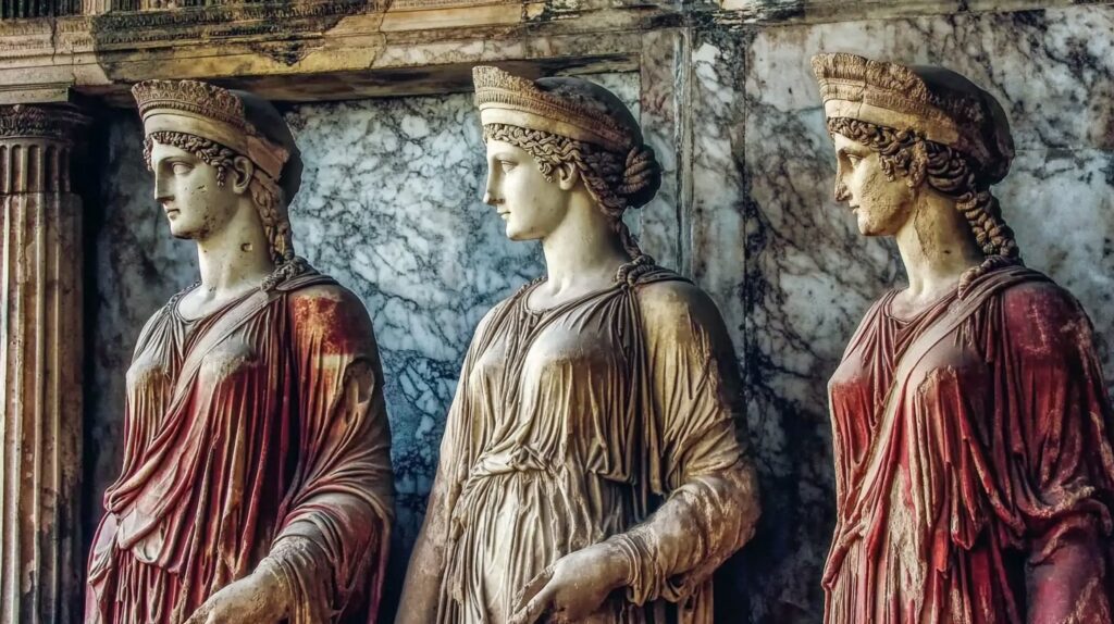 Τρία αγάλματα αρχαίων γυναικείων μορφών σε προφίλ, ενδεδυμένα με λεπτομερείς χιτώνες σε κόκκινες και λευκές αποχρώσεις.