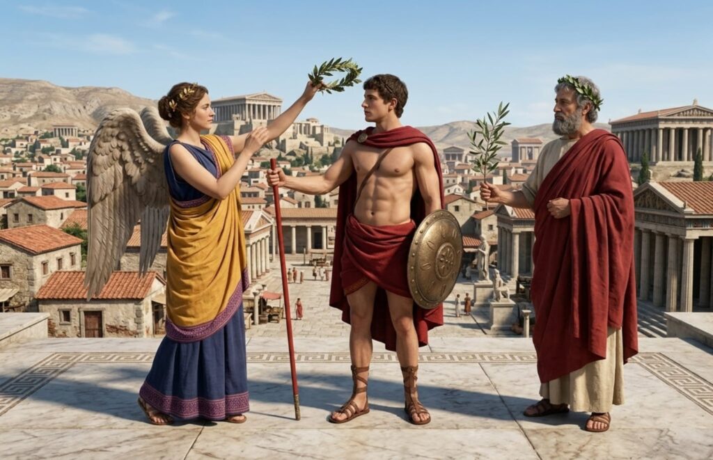 Μια φτερωτή γυναικεία μορφή, πιθανότατα η θεά Νίκη, τοποθετεί ένα δάφνινο στεφάνι στο κεφάλι ενός νεαρού, ημίγυμνου πολεμιστή που κρατά δόρυ, κυκλική ασπίδα και φοράει κόκκινο μανδύα. Στα δεξιά τους στέκεται ένας ηλικιωμένος, γενειοφόρος άνδρας με μανδύα που κρατά κλαδιά ελιάς. Οι μορφές στέκονται πάνω σε μια μαρμάρινη εξέδρα, με φόντο μια πανοραμική θέα μιας αρχαίας ελληνικής πόλης με μνημειώδεις ναούς κάτω από τον καθαρό ουρανό.