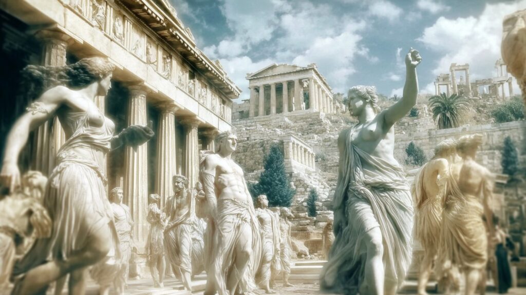 Ψηφιακή απεικόνιση μιας λαμπρής αρχαίας ελληνικής πόλης με αγαλματένιες μορφές εν κινήσει στο προσκήνιο.