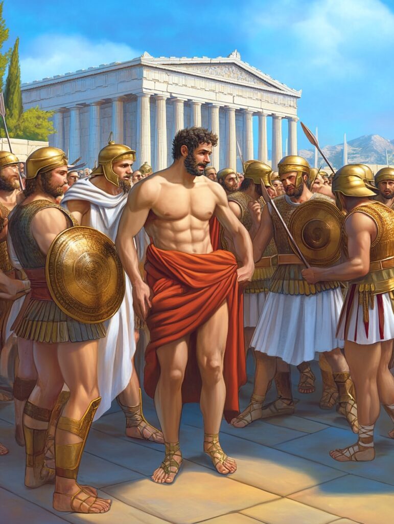 Ψηφιακή απεικόνιση ενός ημίγυμνου αρχαίου Έλληνα ήρωα με κόκκινο μανδύα να στέκεται ανάμεσα σε πάνοπλους στρατιώτες με χρυσά κράνη και ασπίδες, με έναν επιβλητικό μαρμάρινο ναό στο φόντο κάτω από έναν καθαρό γαλάζιο ουρανό.