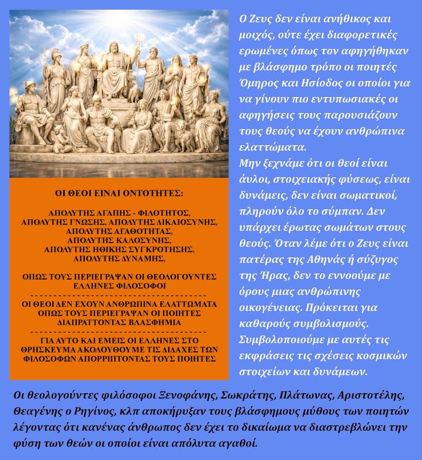 Γραφικό με πορτοκαλί πλαίσιο που απαριθμεί τις θείες ιδιότητες (Αγάπη, Δικαιοσύνη, Σοφία) με φόντο κλασική απεικόνιση των Ολύμπιων Θεών.