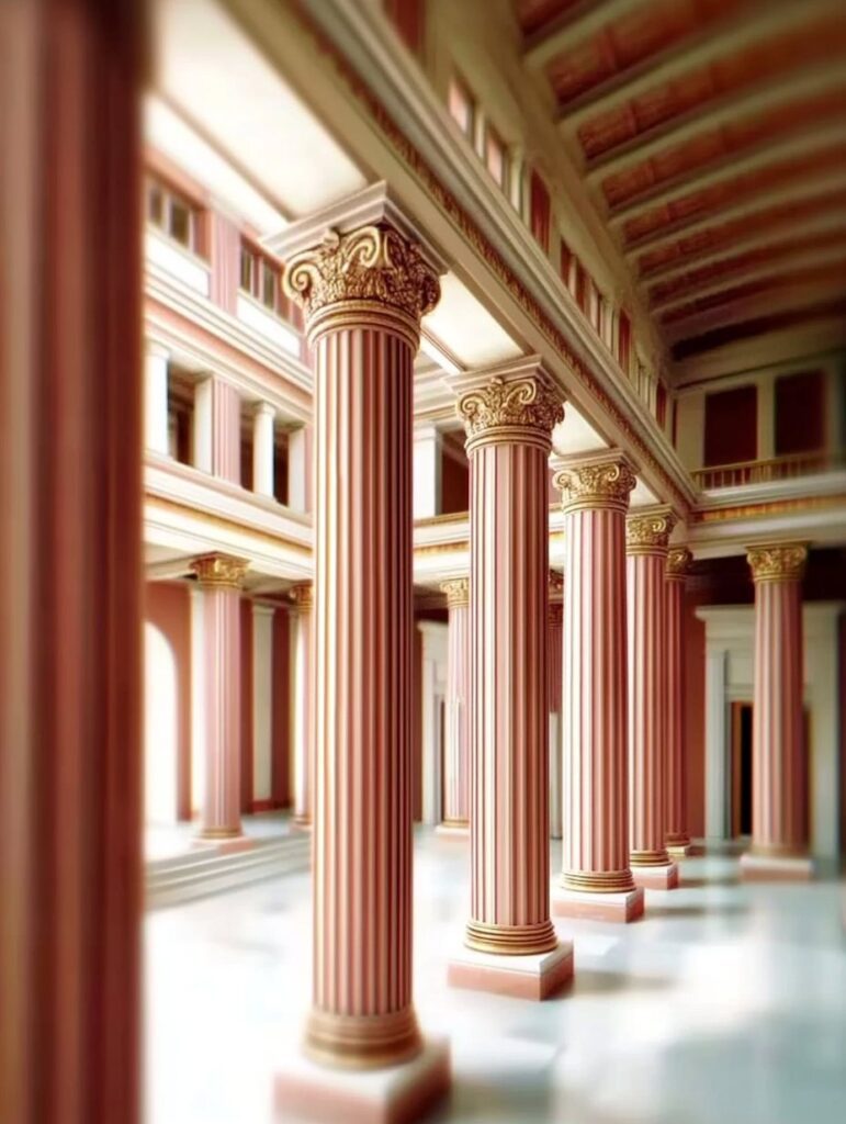 Εσωτερικό μεγαλοπρεπούς κτιρίου αρχαιοελληνικού ρυθμού με ψηλούς κορινθιακούς κίονες σε αποχρώσεις του ροζ και του χρυσού.