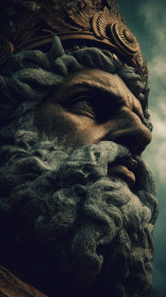 Επιβλητική κοντινή λήψη ενός γενειοφόρου θεού που φοράει χρυσό στέμμα, με φόντο έναν συννεφιασμένο ουρανό.