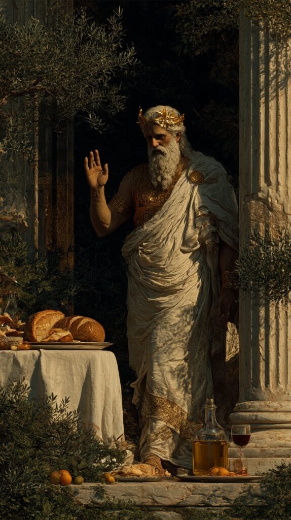 Ένας μεγαλοπρεπής αρχαίος Έλληνας με λευκό χιτώνα στέκεται δίπλα σε ένα τραπέζι με ψωμί και κρασί, ανάμεσα σε ελαιόδεντρα και κίονες.