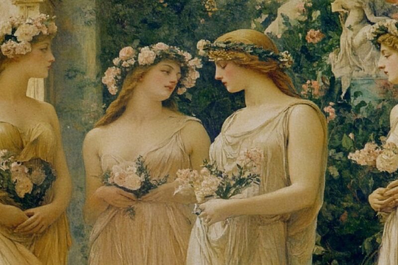 Πίνακας ζωγραφικής σε κλασικό ύφος που απεικονίζει τέσσερις γυναίκες με αρχαιοελληνικά ενδύματα, στεφάνια από λουλούδια στα μαλλιά και ανθοδέσμες, σε ένα καταπράσινο κήπο.