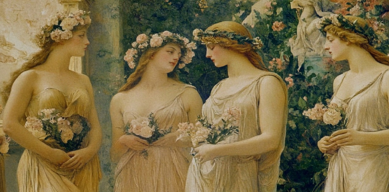 Πίνακας ζωγραφικής σε κλασικό ύφος που απεικονίζει τέσσερις γυναίκες με αρχαιοελληνικά ενδύματα, στεφάνια από λουλούδια στα μαλλιά και ανθοδέσμες, σε ένα καταπράσινο κήπο.