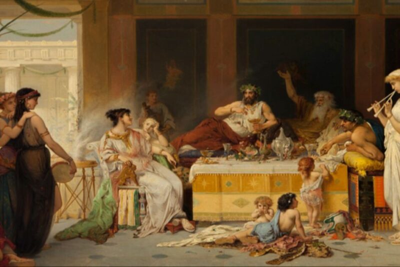 Πολύχρωμος νεοκλασικός πίνακας που αναπαριστά ένα αρχαιοελληνικό συμπόσιο με άνδρες να δειπνούν σε ανάκλιντρα και γυναίκες να παίζουν μουσική.