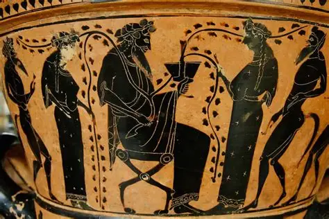 Αρχαίο μελανόμορφο αγγείο που δείχνει τον θεό Διόνυσο καθισμένο να κρατά έναν κάνθαρο, περιτριγυρισμένο από κλήματα αμπέλου.