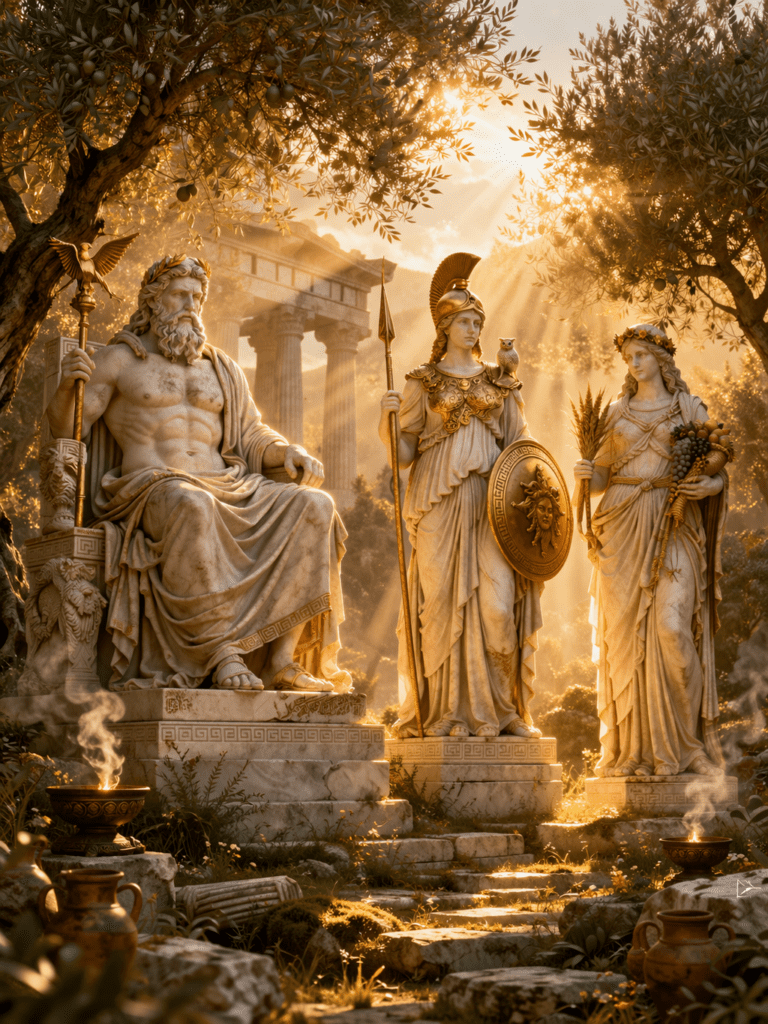 Αγάλματα του Δία, της Αθηνάς και της Δήμητρας στο δάσος, με ένα αναμμένο θυμιατήρι στο προσκήνιο κάτω από τον λαμπερό ήλιο.