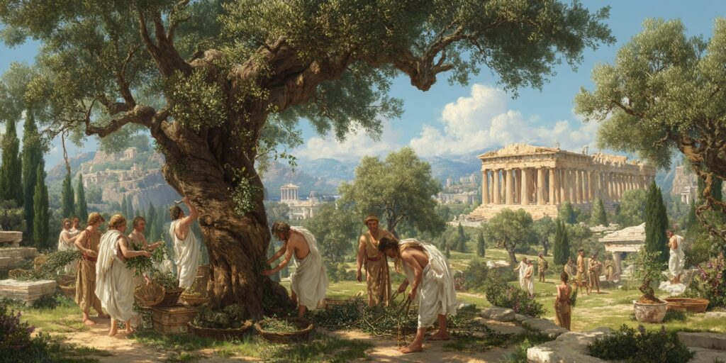 Άνθρωποι με αρχαία ελληνικά ενδύματα μαζεύουν ελιές από ένα μεγάλο δέντρο, με έναν επιβλητικό δωρικό ναό στο βάθος.