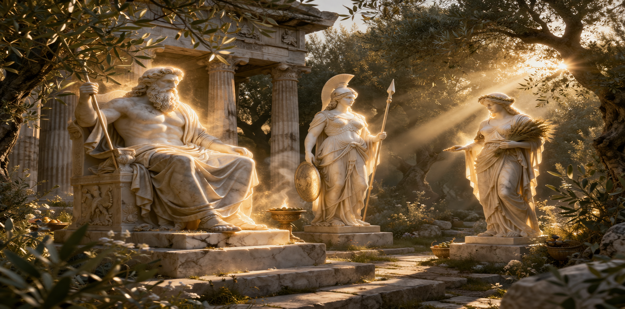 Τρία μαρμάρινα αγάλματα αρχαίων Ελλήνων θεών (Δίας, Αθηνά, Δήμητρα) σε έναν καταπράσινο ναό λουσμένο στο χρυσό φως.