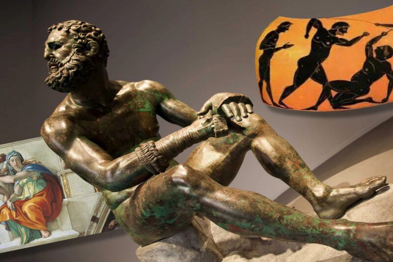 Σύνθεση εικόνων (κολάζ) που περιλαμβάνει το ορειχάλκινο άγαλμα του «Πυγμάχου σε ανάπαυση», μια αρχαία αγγειογραφία με αθλητές σε αγώνισμα και μια κλασική τοιχογραφία.