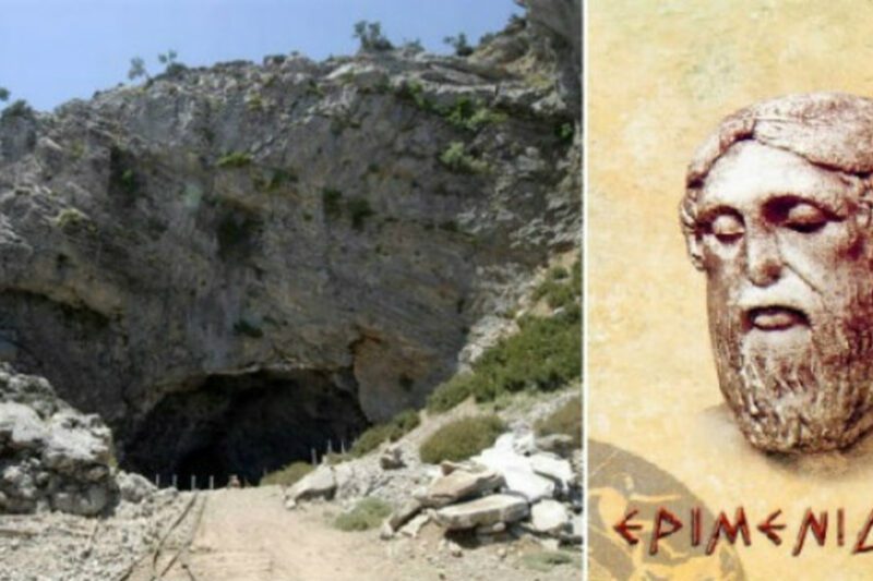 Επιμενίδης: Ο αρχαίος Έλληνας σοφός που κοιμόταν για 57 χρόνια - Σύνθετη εικόνα που απεικονίζει αριστερά τη βραχώδη είσοδο ενός αρχαίου σπηλαίου στην Κρήτη και δεξιά το πρόσωπο του Επιμενίδη σε μορφή αρχαίας προτομής με το όνομά του.
