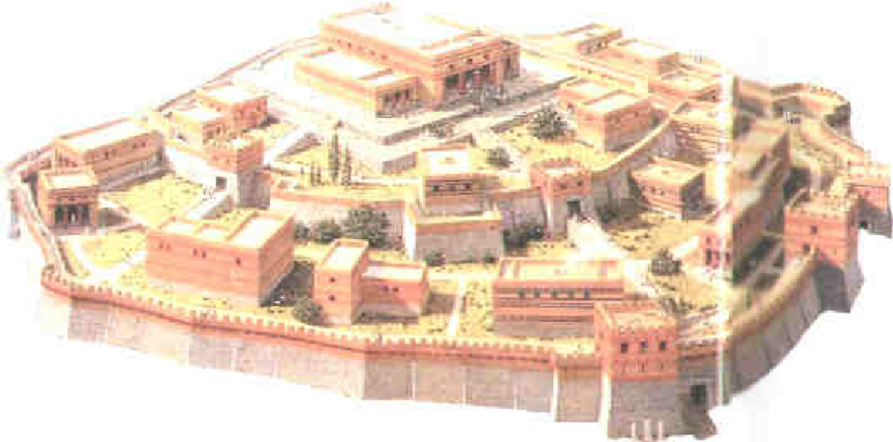 Καλλιτεχνική αναπαράσταση της οχυρωμένης πόλης της Τροίας κατά την Εποχή του Χαλκού με τα επιβλητικά τείχη και τα ανάκτορα.