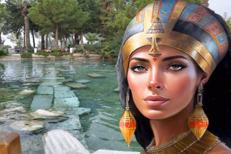 Η πισίνα της Κλεοπάτρας - Ένα ψηφιακό πορτρέτο της Κλεοπάτρας σε πρώτο πλάνο, με φόντο την Αρχαία Πισίνα της Ιεράπολης, που δείχνει βυθισμένους κίονες και μάρμαρα σε διαυγές νερό, περιτριγυρισμένη από δέντρα.