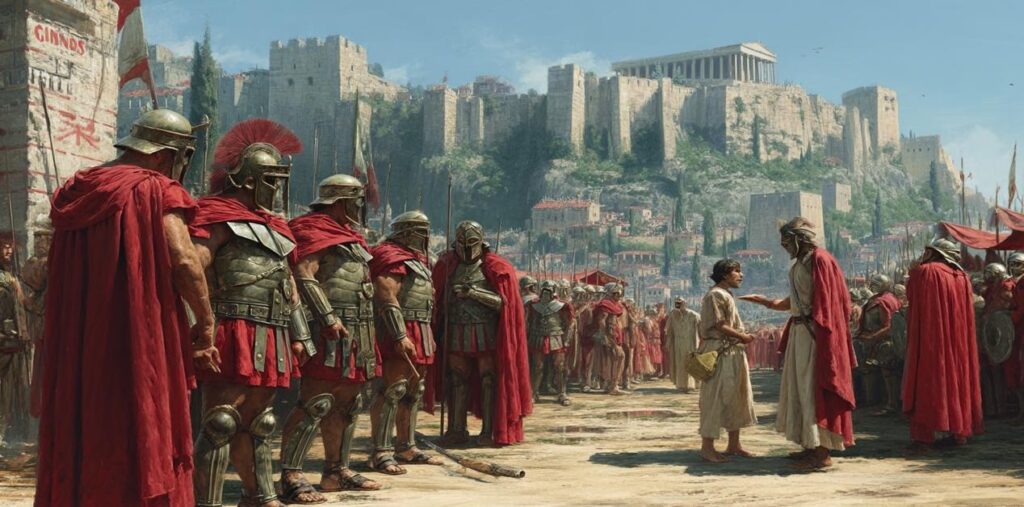 Ψηφιακή απεικόνιση αρχαίων Ελλήνων στρατιωτών με κόκκινους μανδύες και περικεφαλαίες να ελέγχουν έναν πολίτη έξω από τα τείχη μιας αρχαίας πόλης με την Ακρόπολη στο βάθος.