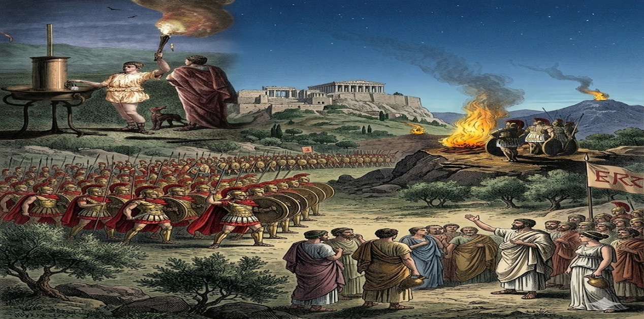 ανοραμική συνδυαστική εικόνα (collage) που απεικονίζει διάφορες πτυχές της αρχαίας ελληνικής στρατιωτικής ζωής: τη χρήση του υδραυλικού τηλέγραφου τη νύχτα, φρουρούς να παρατηρούν φρυκτωρίες (σήματα φωτιάς) σε βουνά, έναν στρατό σε παράταξη και μια συνέλευση πολιτών με φόντο την Ακρόπολη.