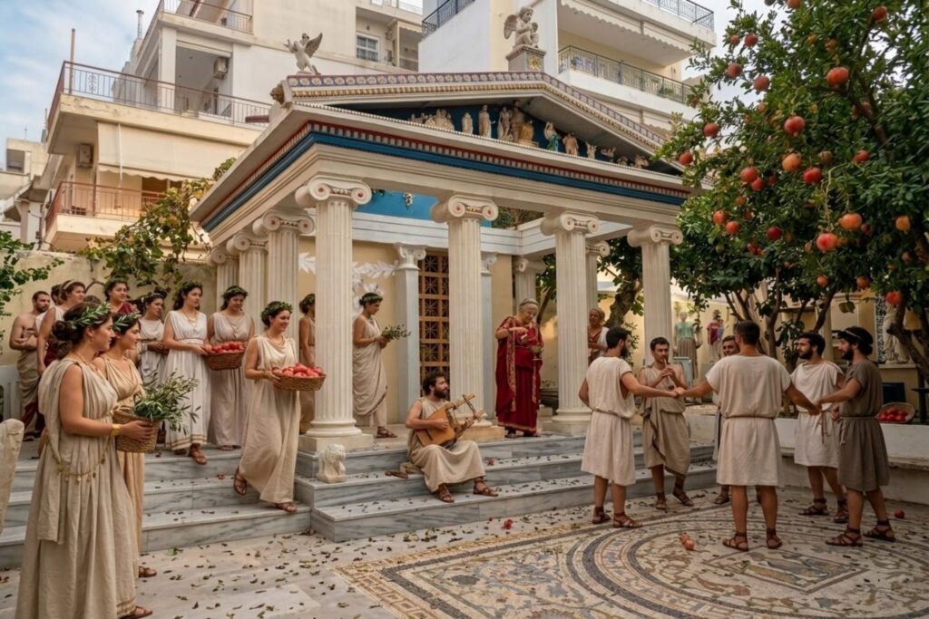 Μια ομάδα ανθρώπων ντυμένων με αρχαιοελληνικούς χιτώνες συμμετέχει σε μια τελετή σε μια αυλή με περίτεχνο ψηφιδωτό δάπεδο. Κρατούν καλάθια με ρόδια, παίζουν μουσική με λύρα και χορεύουν μπροστά από έναν μικρό ναίσκο, ενώ στο φόντο υψώνονται σύγχρονες πολυκατοικίες.