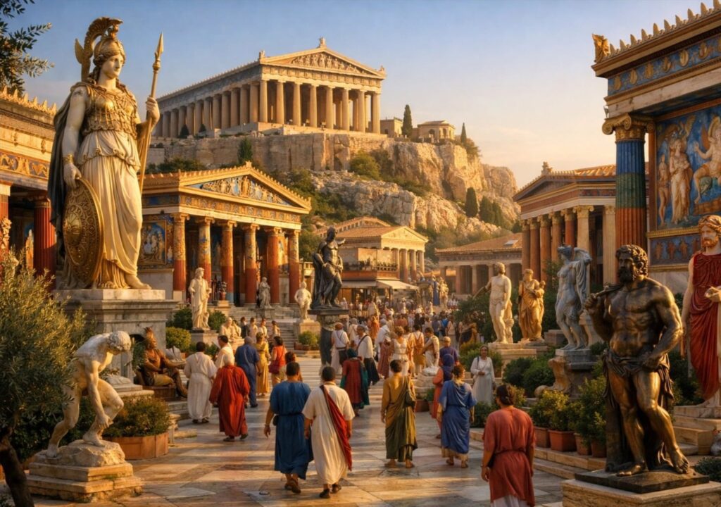 Μια πολύχρωμη και ζωντανή αναπαράσταση της αρχαίας Αθήνας. Στο βάθος δεσπόζει ο Παρθενώνας στην Ακρόπολη, ενώ σε πρώτο πλάνο υπάρχουν αγάλματα, ναοί με έντονα χρώματα και πλήθος ανθρώπων που φορούν χιτώνες και περπατούν στην αγορά.