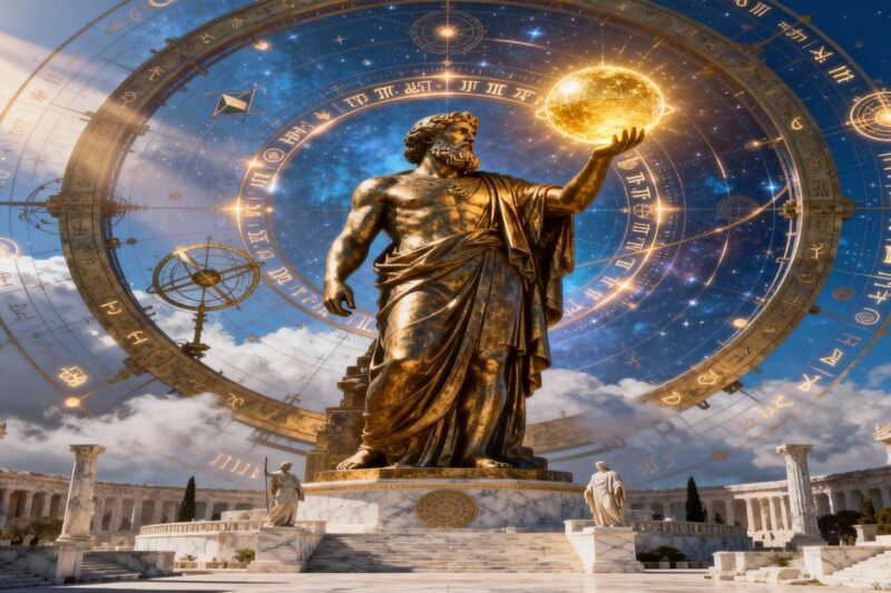 Ένα γιγαντιαίο χρυσό άγαλμα μιας θεϊκής μορφής που θυμίζει τον Δία, τοποθετημένο στο κέντρο ενός αρχαιοελληνικού ναού. Ο θεός κρατά στην παλάμη του μια φωτεινή, χρυσή σφαίρα που ακτινοβολεί. Πίσω από το άγαλμα δεσπόζει ένας τεράστιος, περίπλοκος αστρονομικός μηχανισμός (σαν αστρολάβος) γεμάτος σύμβολα και αστερισμούς, με φόντο έναν έναστρο ουρανό που μπλέκεται με τα σύννεφα της ημέρας.