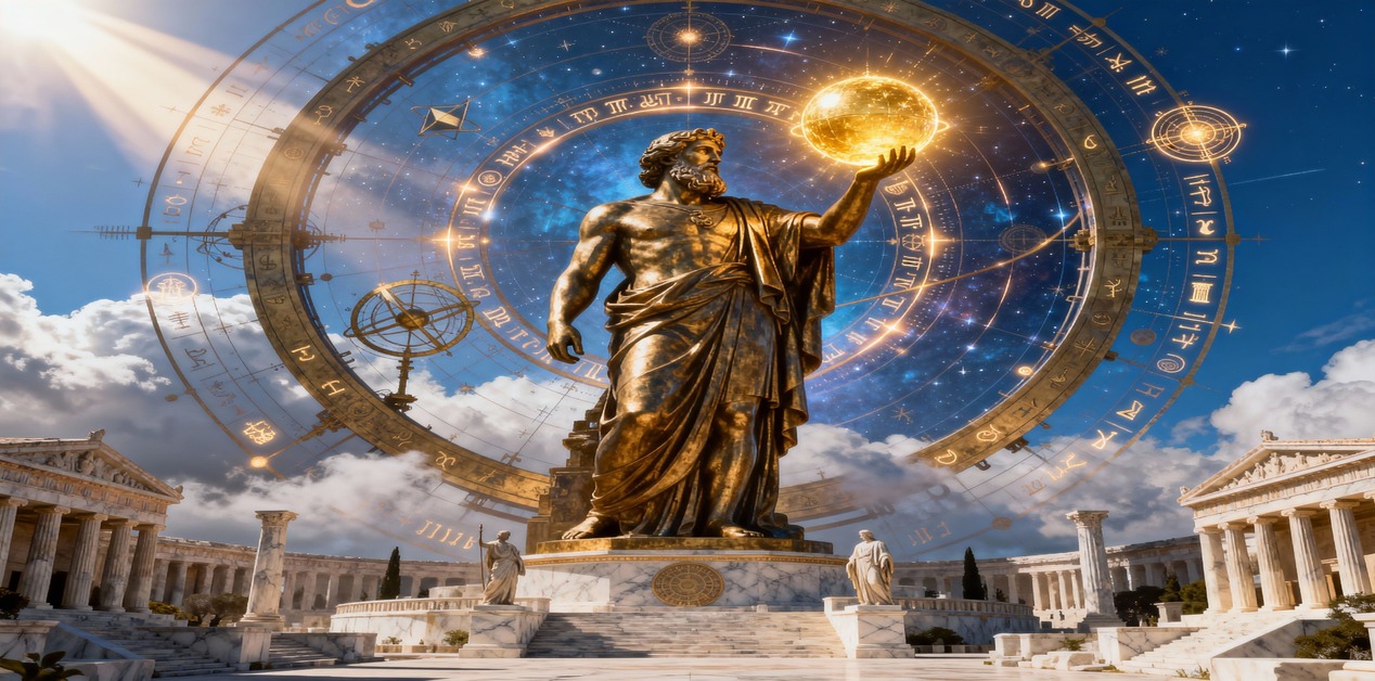 Ένα γιγαντιαίο χρυσό άγαλμα μιας θεϊκής μορφής που θυμίζει τον Δία, τοποθετημένο στο κέντρο ενός αρχαιοελληνικού ναού. Ο θεός κρατά στην παλάμη του μια φωτεινή, χρυσή σφαίρα που ακτινοβολεί. Πίσω από το άγαλμα δεσπόζει ένας τεράστιος, περίπλοκος αστρονομικός μηχανισμός (σαν αστρολάβος) γεμάτος σύμβολα και αστερισμούς, με φόντο έναν έναστρο ουρανό που μπλέκεται με τα σύννεφα της ημέρας.