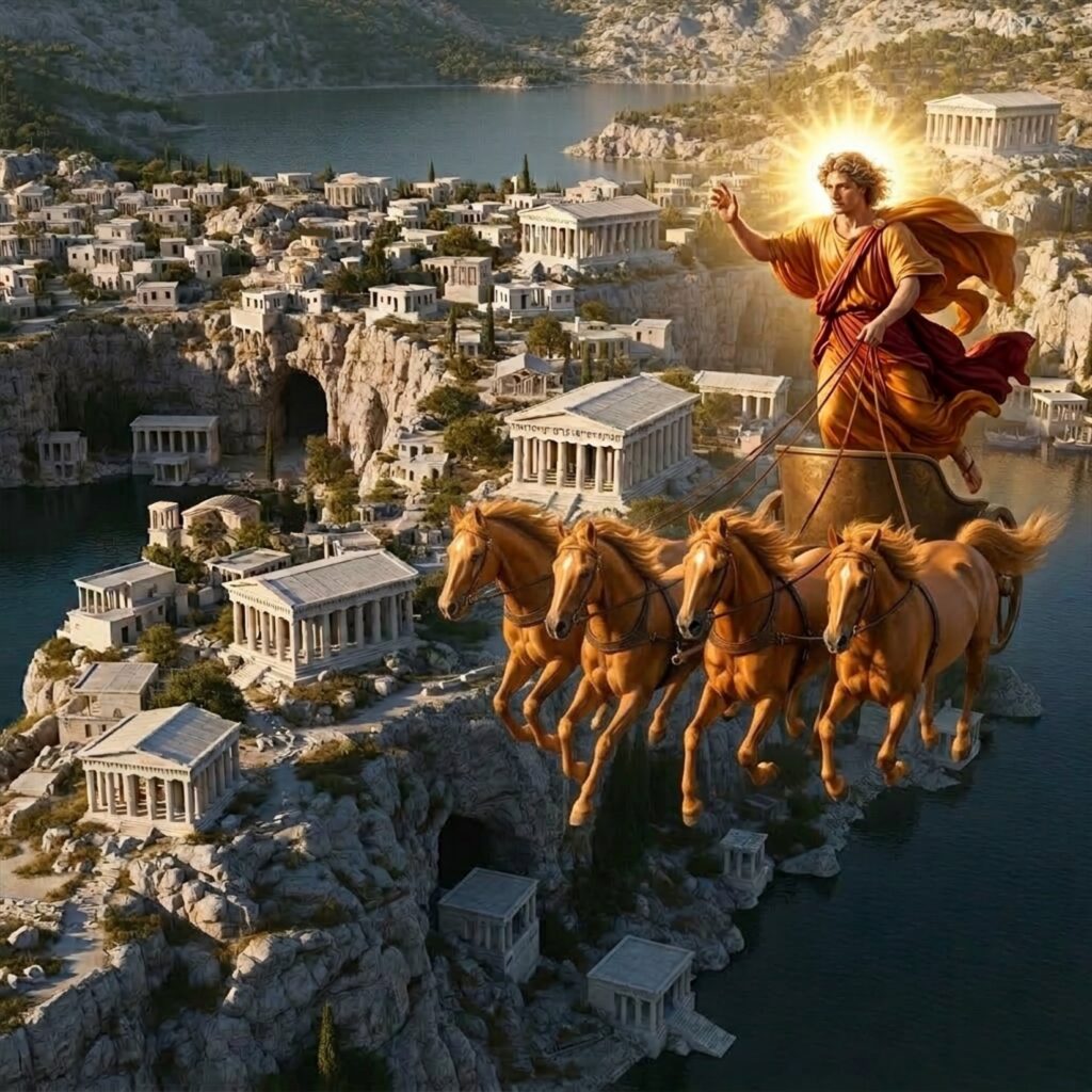 Νεοπλατωνικός ύμνος: Ο θεός Ήλιος - Απόλλωνας οδηγεί το χρυσό άρμα πάνω από αρχαία πόλη.