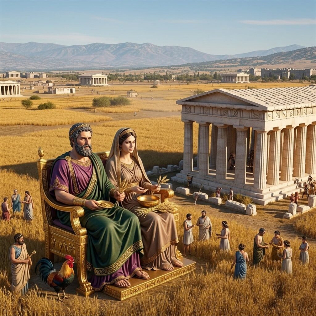 Ελληνικές θεότητες σε θρόνο ευλογούν τα σιτηρά και τον κύκλο των εποχών.