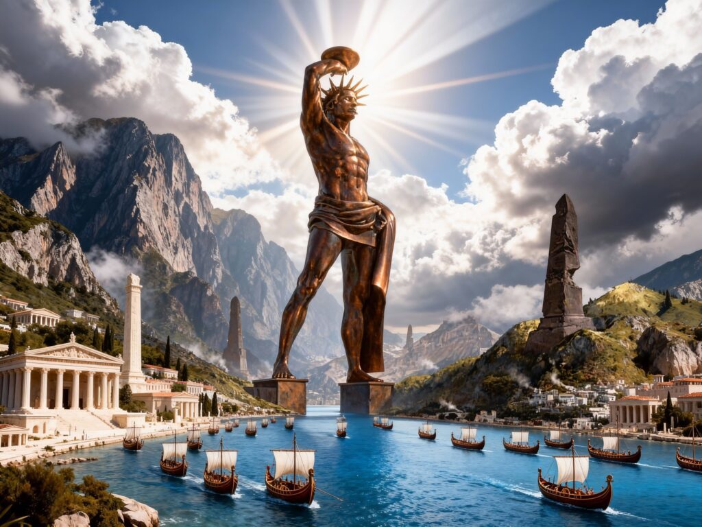 Ο θεός Ήλιος ως τεράστιο άγαλμα στο λιμάνι, φωτίζοντας τον αρχαίο κόσμο.