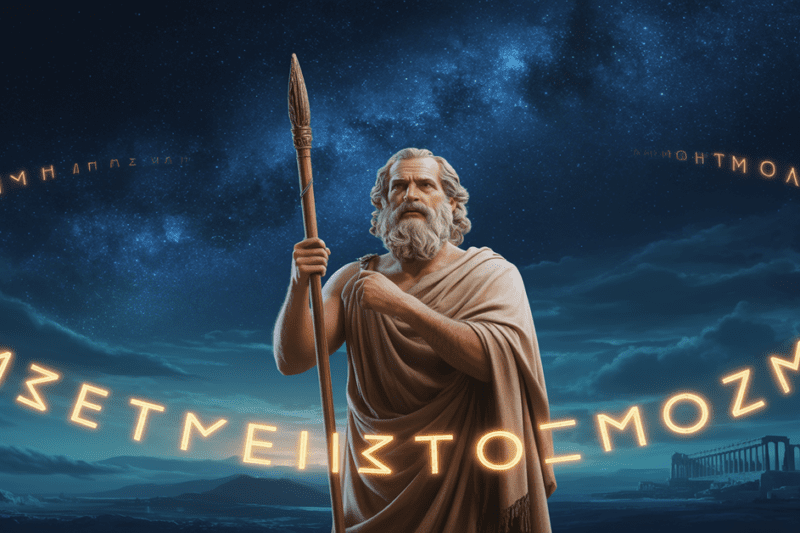Μια ρεαλιστική απεικόνιση ενός ηλικιωμένου, γενειοφόρου αρχαίου Έλληνα φιλόσοφου, που κρατάει λόγχη, κάτω από έναν νυχτερινό ουρανό γεμάτο αστέρια και σύννεφα. Ένας φωτεινός χρυσός δακτύλιος με glowing αρχαία ελληνικά γράμματα τον περιβάλλει. Ο Παρθενώνας είναι ορατός στο φόντο.