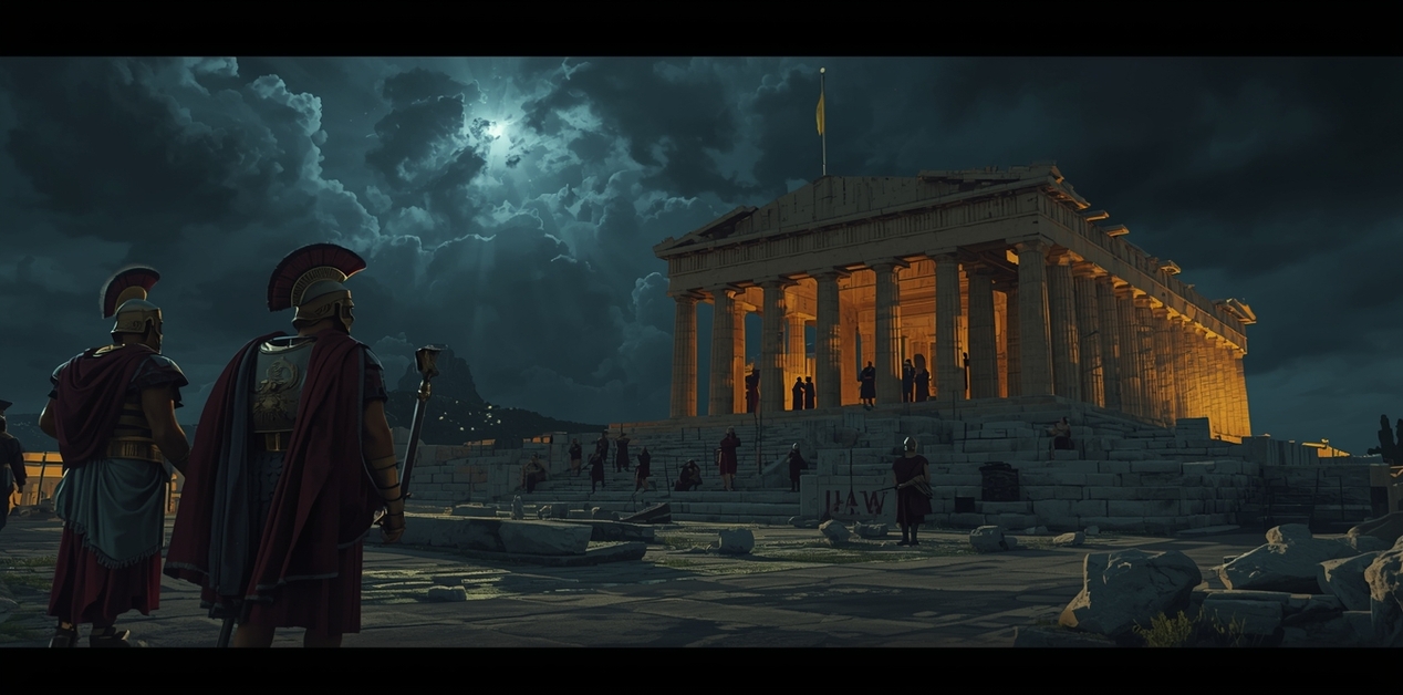 Μια κινηματογραφική απεικόνιση της Ακρόπολης της Αθήνας τη νύχτα με δραματικό φωτισμό. Δύο αρχαίοι Έλληνες στρατιώτες με κράνη και κάπες στέκονται στο προσκήνιο, κοιτάζοντας προς τον φωτισμένο Παρθενώνα. Στρατιώτες και πολίτες βρίσκονται στα σκαλιά του ναού κάτω από έναν συννεφιασμένο ουρανό με φεγγαρόφως.