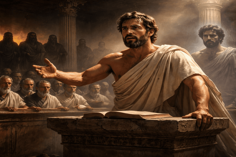 Ο ρήτορας Λυσίας αγορεύει με ένταση σε αθηναϊκό δικαστήριο, ενώ οι Τριάκοντα Τύραννοι απεικονίζονται σκοτεινά στο βάθος και το φάντασμα του Πολέμαρχος υποδηλώνει το προσωπικό του δράμα.