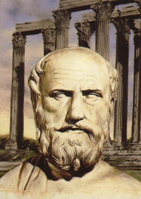 Μαρμάρινη προτομή αρχαίου Έλληνα φιλοσόφου μπροστά από ερείπια αρχαίου ναού με κίονες.