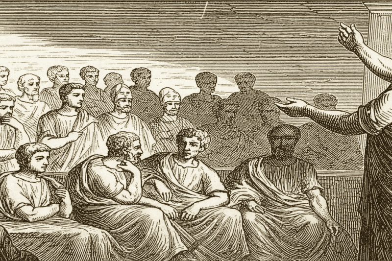 Αρχαία ελληνική συνέλευση με ρήτορα που αγορεύει μπροστά σε πολίτες, σε σκηνή εμπνευσμένη από την Αθήνα της κλασικής εποχής.