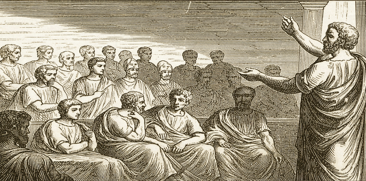 Αρχαία ελληνική συνέλευση με ρήτορα που αγορεύει μπροστά σε πολίτες, σε σκηνή εμπνευσμένη από την Αθήνα της κλασικής εποχής.